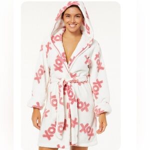Betsy Johnson Robe XOXO white pink hooded waist tie belt knee length SZ M night